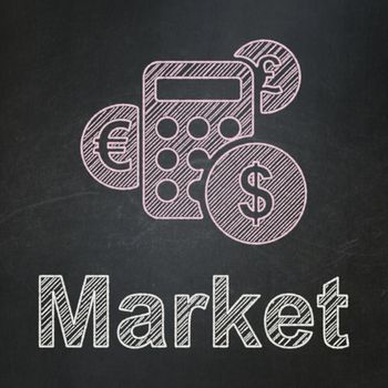 Finance concept: Calculator icon and text Market on Black chalkboard background, 3d render