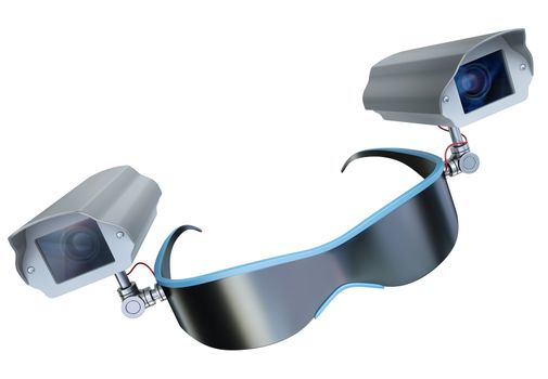 Sunglasses with CCTV cameras - modern gadgets as surveillance devices metaphor. 3D rendered illustration.