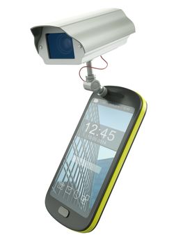 Mobile phone with CCTV camera - electronic devices as surveillance tools metaphor. The screen layout design was created by me. 3D render.