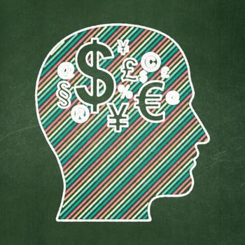 Finance concept: Head With Finance Symbol icon on Green chalkboard background, 3d render