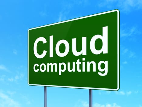 Cloud computing concept: Cloud Computing on green road (highway) sign, clear blue sky background, 3d render
