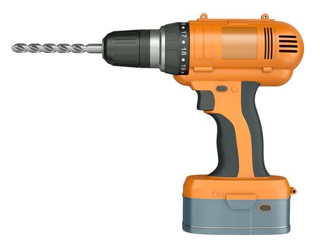 Side view of an orange cordless drill isolated on white background. 3D render.
