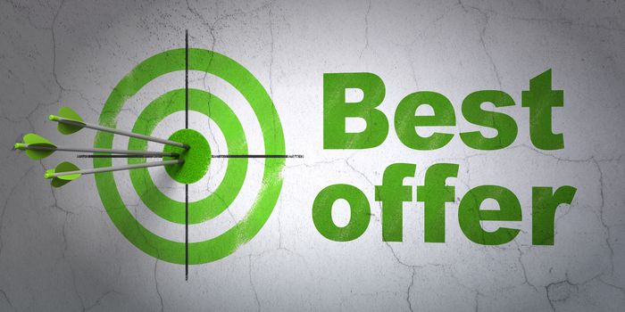 Success business concept: arrows hitting the center of target, Green Best Offer on wall background, 3d render