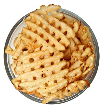 Bowl of Waffle Fries Over White High Angle View