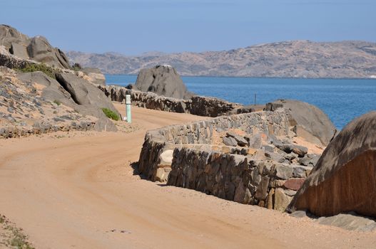 Road to the camp site on Shark Island in Luderitz, Namibia
