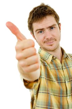 young casual man going thumb up in a white background