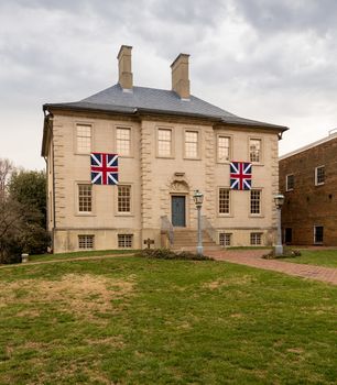 Entrance to historic Carlyle House in center of old town of Alexandria in Virginia USA