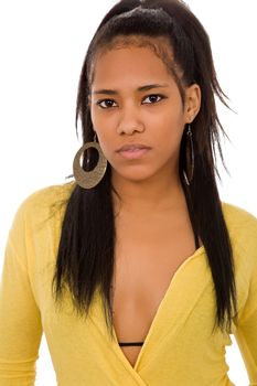 young beautiful woman closeup portrait, isolated on white