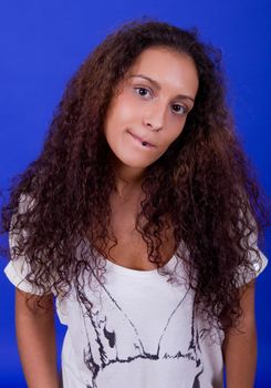 young beautiful woman, on a blue background