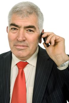 mature man on the phone in white background