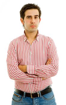 young casual pensive man portrait, isolated on white