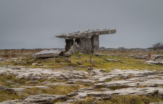 Poulnabrone Dolmen burial chamber near Burren in Eire on a grey cloudy day