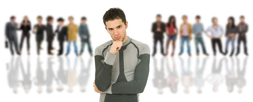 an young man in front of a group of people, isolated