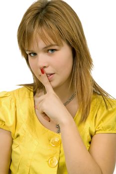 young blonde woman going shut up, isolated