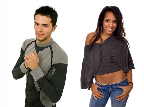 young casual couple portrait in white background