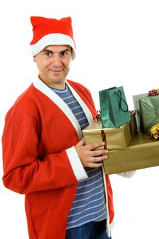 young man with santa hat holding some gifts, isolated