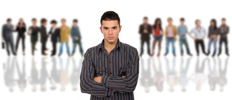 an young man in front of a group of people, isolated