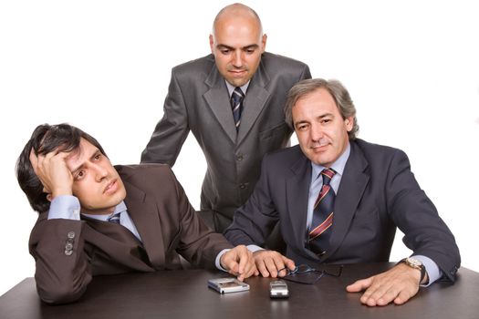 group of workers on a desk, isolated on white