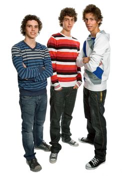 three young men standing, on a white background