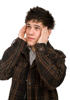 young casual man with a headache, isolated on white