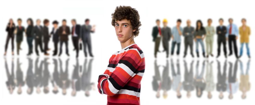 an young man in front of a group of people, isolated