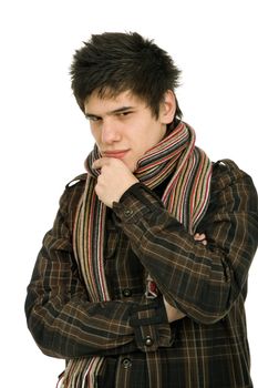 studio picture of a young man dressed for winter