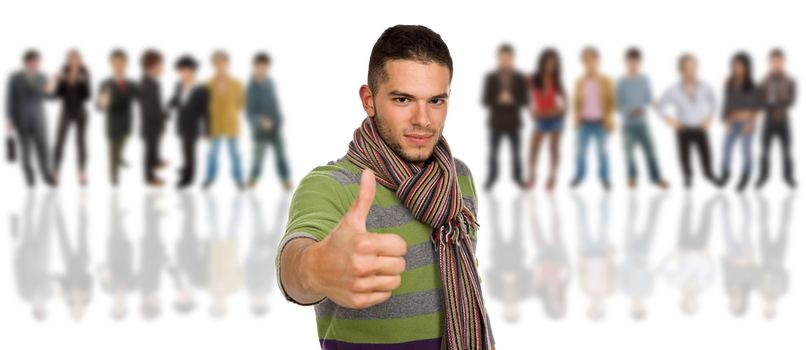 an young man in front of a group of people, isolated