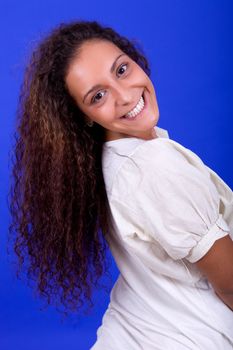 young beautiful woman, on a blue background