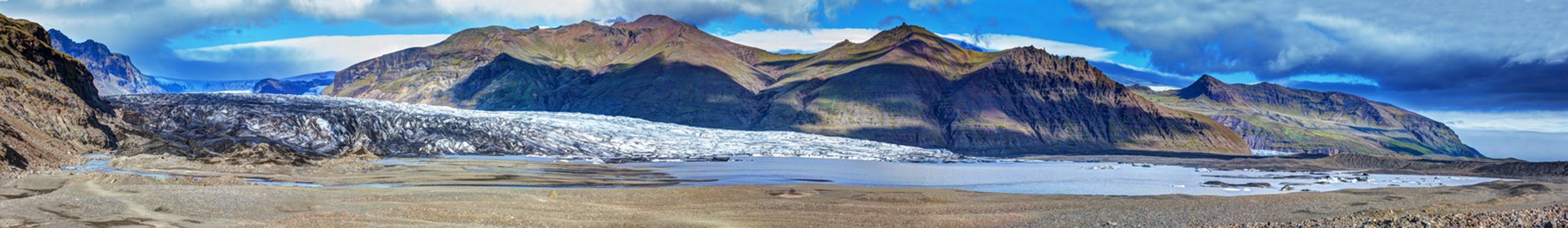Panorama of the Vatnajokull Glacier Iceland. Biggest glacier in Europe and is in the Skaftafell National Park.
