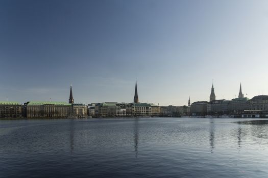 The Skyline around the Jungfernstieg and Alster in Hamburg