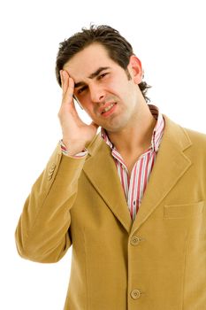 young casual man with a headache, isolated on white