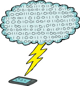 Scared tablet computer struck by lightening from binary cloud