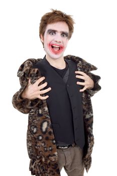 young man dressed as joker, isolated on white