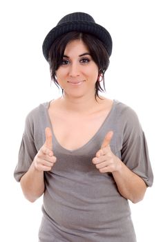 young happy beautiful woman pointing, isolated in white