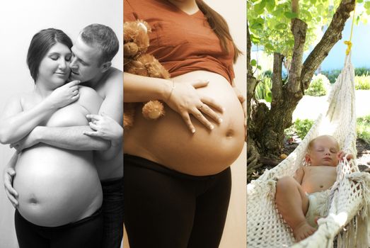 Multiple images showing a couple starting a family.