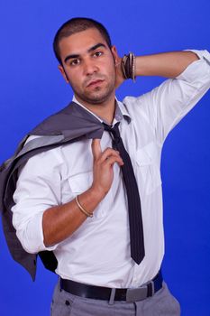 young happy businessman, on a blue background