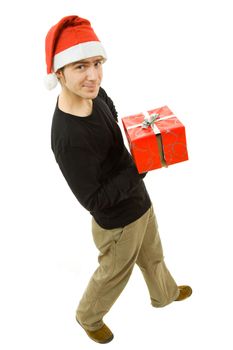 young man with santa hat holding a gift, isolated