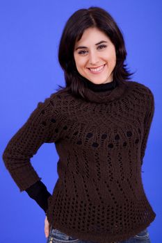 young beautiful woman, on a blue background