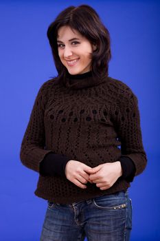 young beautiful woman, on a blue background