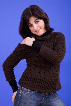 young beautiful woman, on a blue background