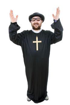 young man dressed as priest, full length, isolated on white