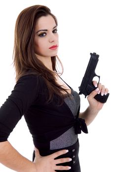 young beautiful woman with a gun, isolated