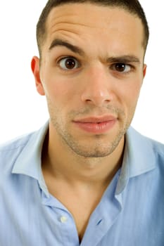 young silly man portrait, isolated on white