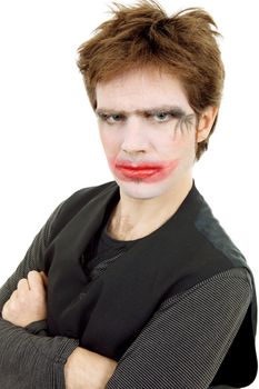 young man dressed as joker, isolated on white