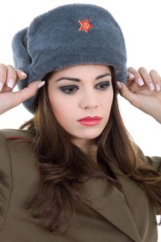 young beautiful woman, dressed as russian military