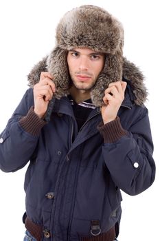 studio picture of a young man dressed for winter