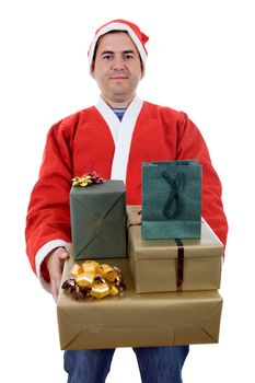 young man with santa hat holding some gifts, isolated