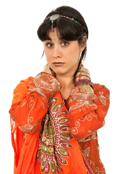 young woman in a hindu dress, isolated on white