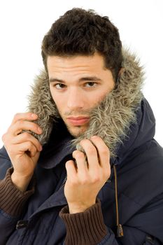 studio picture of a young man dressed for winter