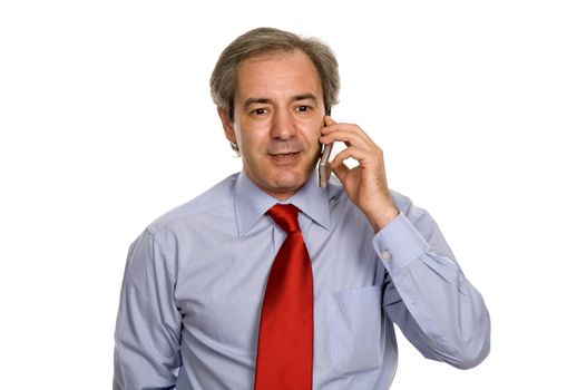 mature man on the phone in white background